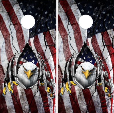 Bald Eagle Ripped Metal V2 American Flag Cornhole Wraps