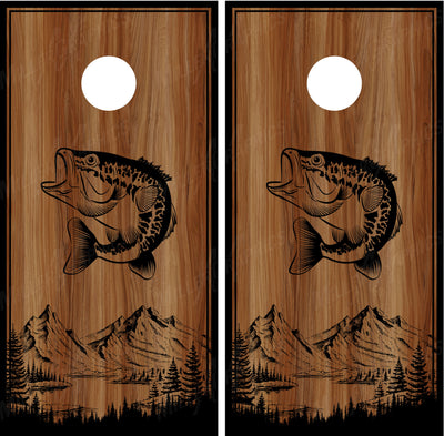 Bass Silhouette V2 Mountains Trees Fishing Cornhole Wraps