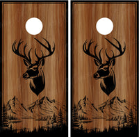 Buck Deer Silhouette V2 Mountains Trees Cornhole Wraps