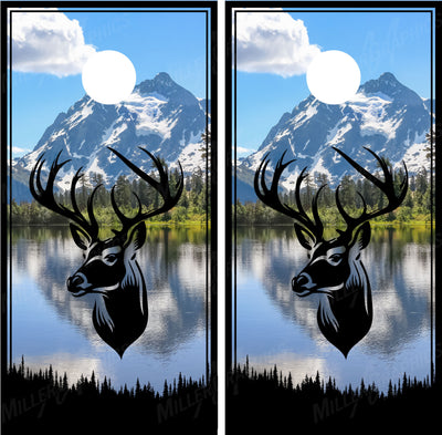 Buck Deer Silhouette V4 Mountains Lake Cornhole Wraps