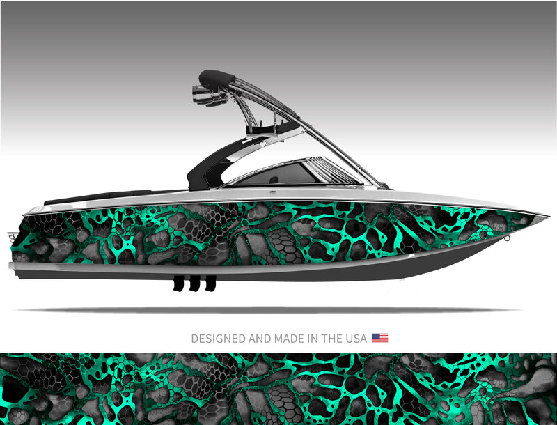 Chameleon XD2 Black and Aqua Camo Boat Wrap Kit | Mid Atlantic Designs
