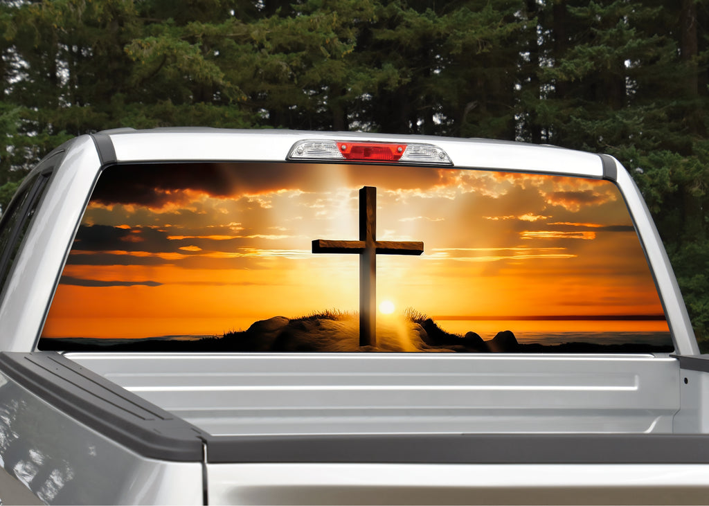 Cross Sunset Mountains Rear Window Graphic | Mid Atlantic Designs