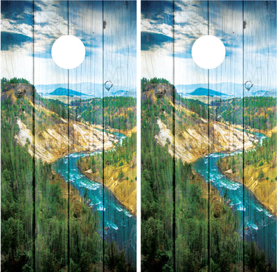 Mountains River Scenery V3 Distressed Wood Cornhole Wraps
