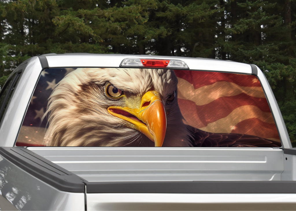 Native American Rear Window Graphics Bald Eagle V4 American Flag Rear Window Graphic | Mid Atlantic Designs
