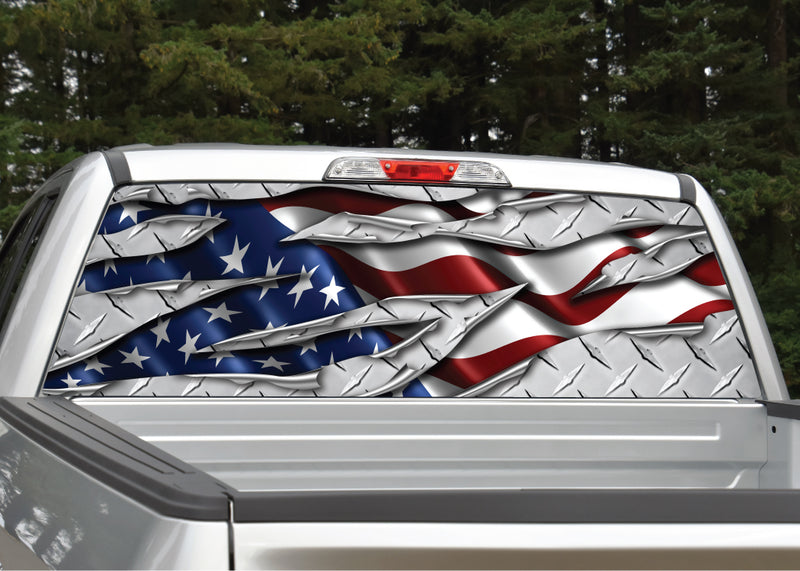 Calcomanía De Vinilo Con Bandera Americana En Tono Platino - Para Puerta Trasera De Camioneta, Compatible Con Ford Y Otros