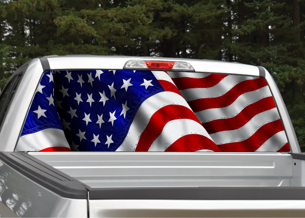Native American Rear Window Graphics Waving American Flag Rear Window Graphic | Mid Atlantic Designs