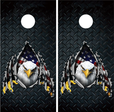 Bald Eagle Ripped Metal #2 Diamond Plate Cornhole Wraps