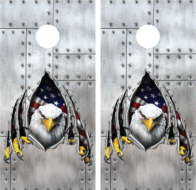 Bald Eagle Ripped Metal Riveted Metal Cornhole Wraps
