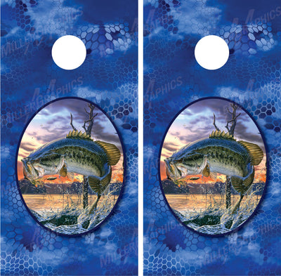 Bass Jumping Chameleon Blue Cornhole Wraps