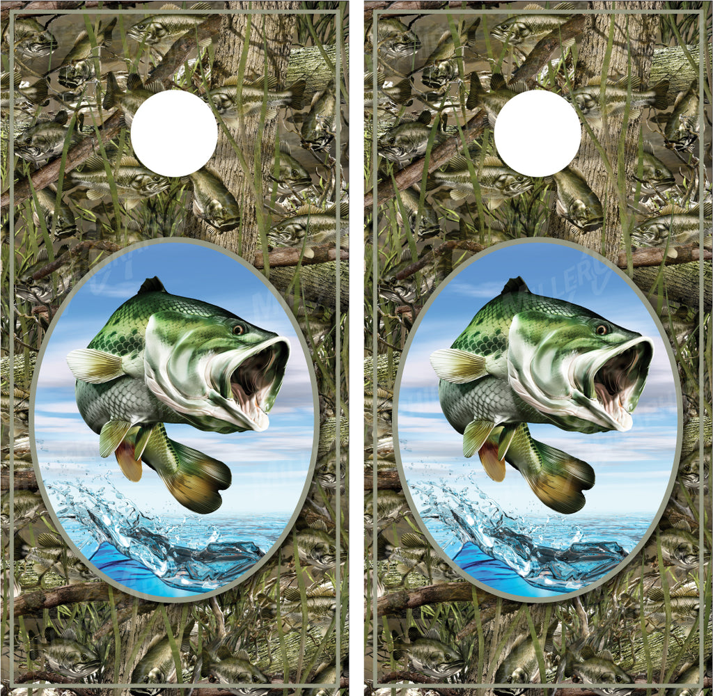 Bass Jumping #2 Bass Camo Background Cornhole Wraps