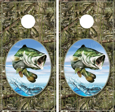 Bass Jumping #2 Bass Camo Background Cornhole Wraps