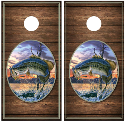 Bass Jumping Wood Background Cornhole Wraps