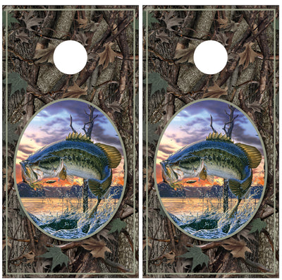 Bass Jumping Camo Background Cornhole Wraps