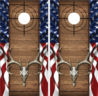 Buck Deer Skull American Flag Wood Cross Heirs Cornhole Wraps