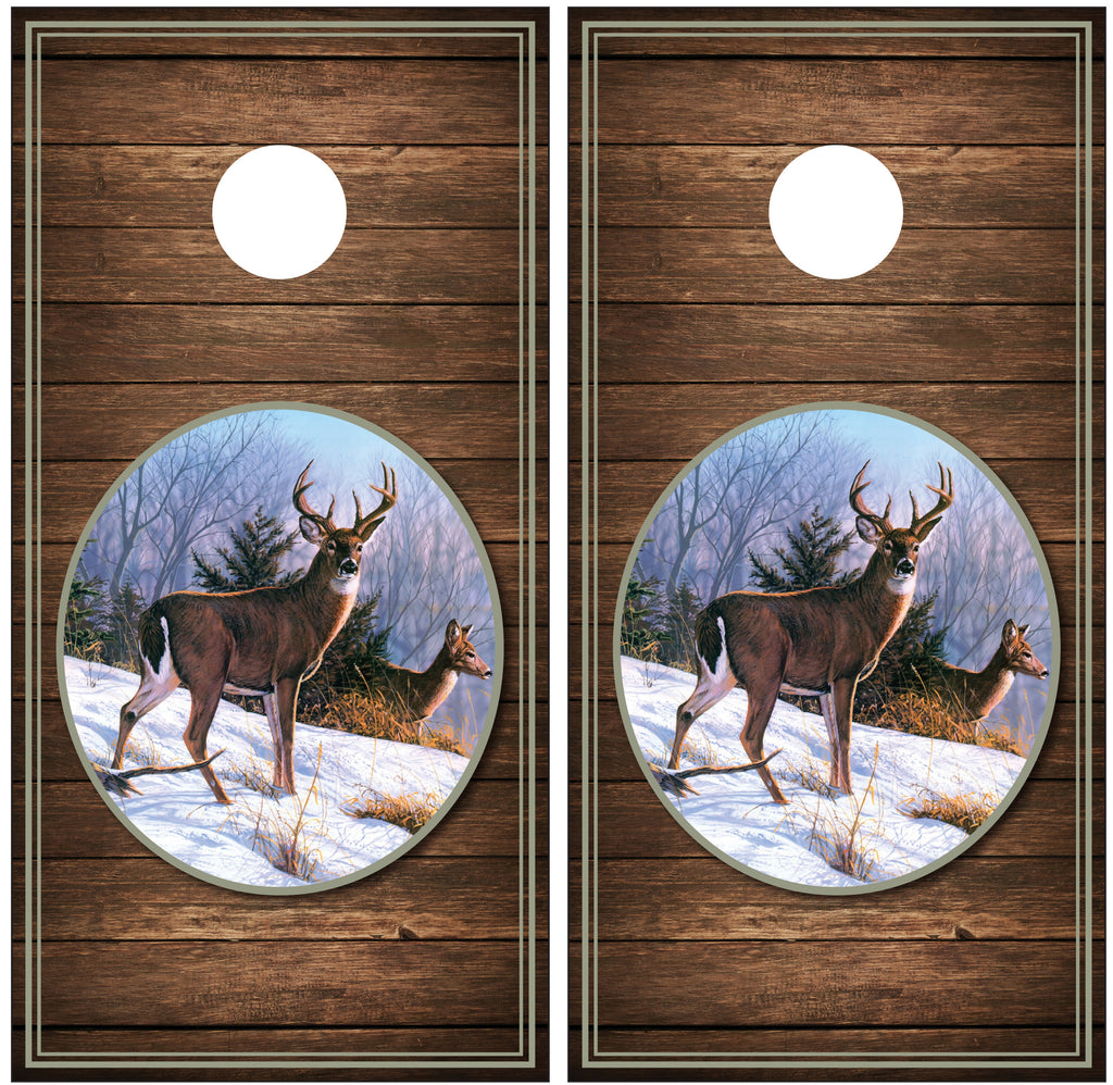 Buck Winter Scene Wood Background Cornhole Wraps