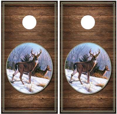 Buck Winter Scene Wood Background Cornhole Wraps