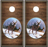 Buck Winter Scene Wood Background Cornhole Wraps