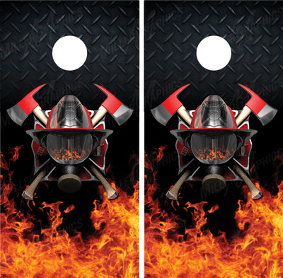 Firefighter Helmet Diamond Plate FIames Cornhole Wraps