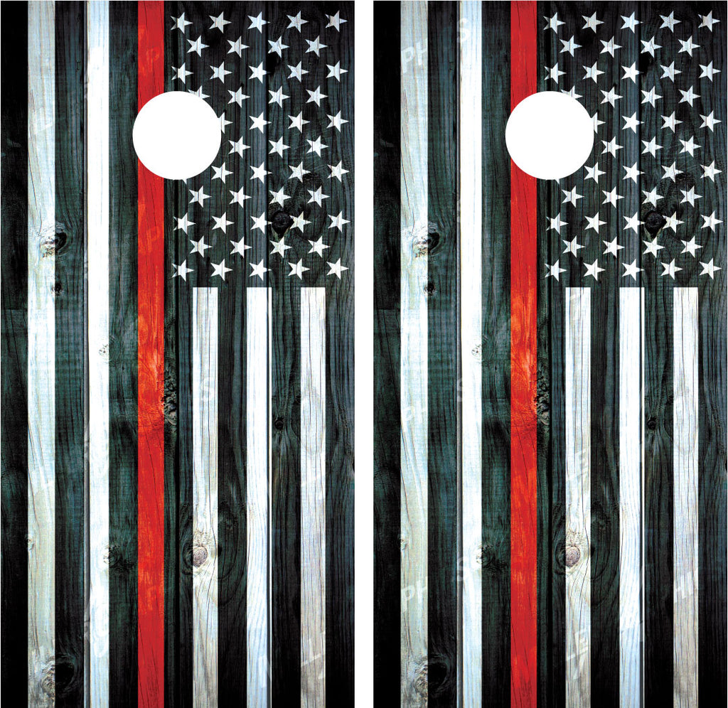 Firefighter "Thin Red Line" American Flag Distressed Wood