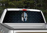 Spartan Helmet "Thin Blue Line" American Flag Diamond Plate Rear Window Decal