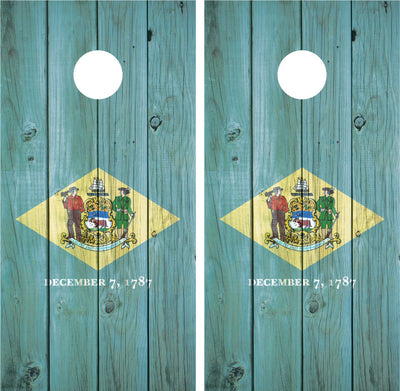 Delaware State Flag Distressed Wood Cornhole Wraps