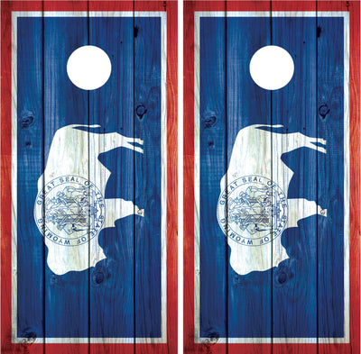 Wyoming State Flag Distressed Wood Cornhole Wraps