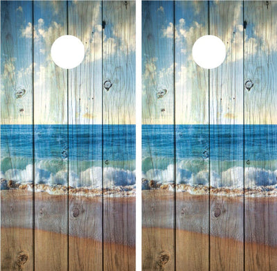 Beach Ocean Waves Distressed Wood Cornhole Wraps