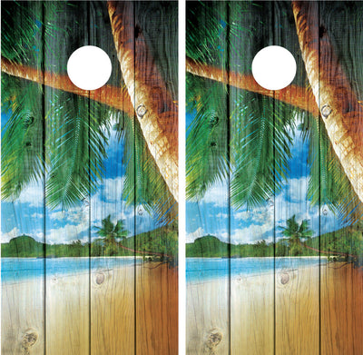 Beach Palm Trees #4 Distressed Wood Cornhole Wraps