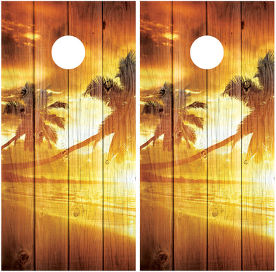 Beach Sunset Palm Trees Distressed Wood Cornhole Wraps