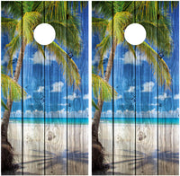 Beach Palm Tree Distressed Wood Cornhole Wraps