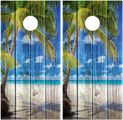 Beach Palm Tree Distressed Wood Cornhole Wraps