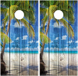 Beach Palm Tree Distressed Wood Cornhole Wraps