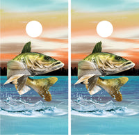 Walleye Jumping Out of Water Fishing Sunset Cornhole Wraps