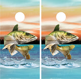 Walleye Jumping Out of Water Fishing Sunset Cornhole Wraps
